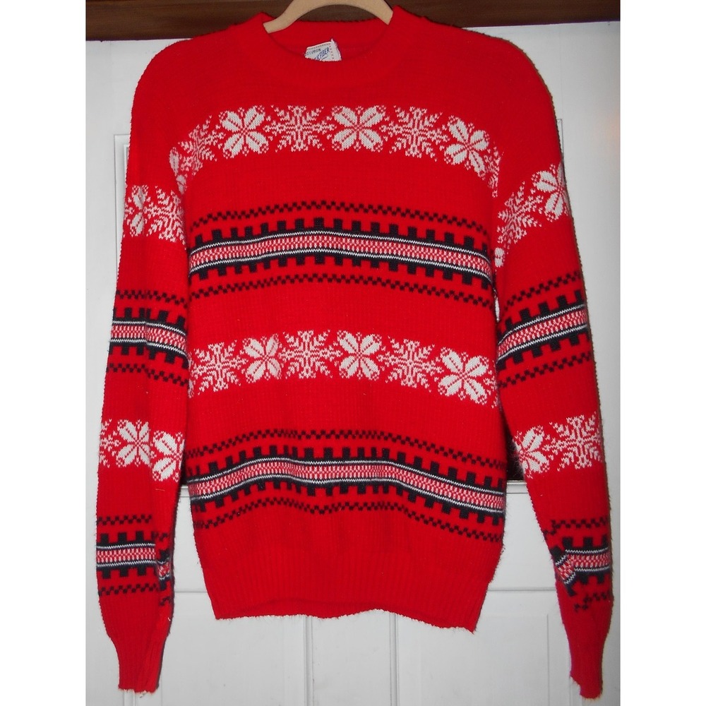 70s Vintage Winter Sweater Mens L Red Snowflakes Print Holiday Fairisle Orlon